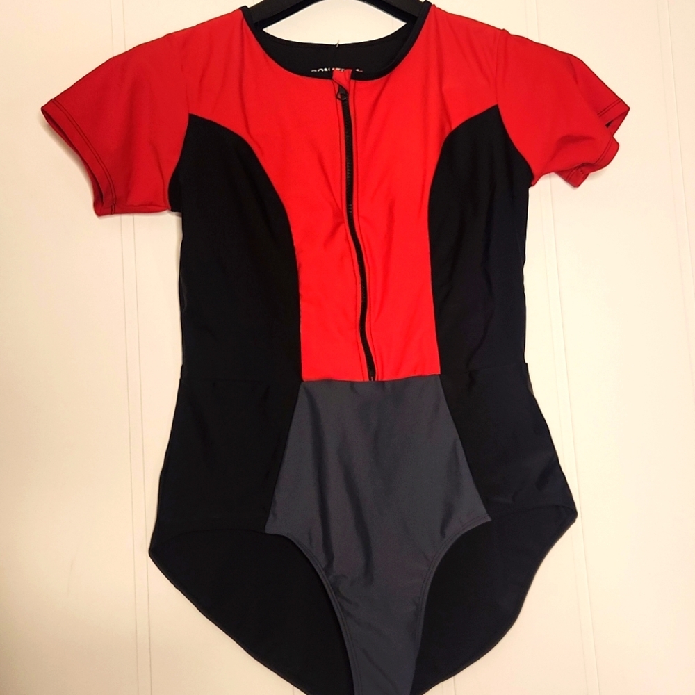 Donatella Sport red tri colored one piece swim suit. Bathing suit. Lifeguard